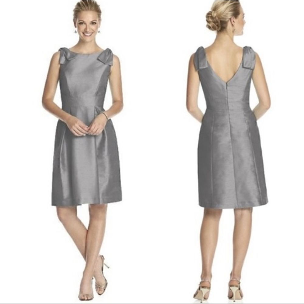 NWT Alfred Sung Cocktail length Sleeveless Bow Dress in Silver